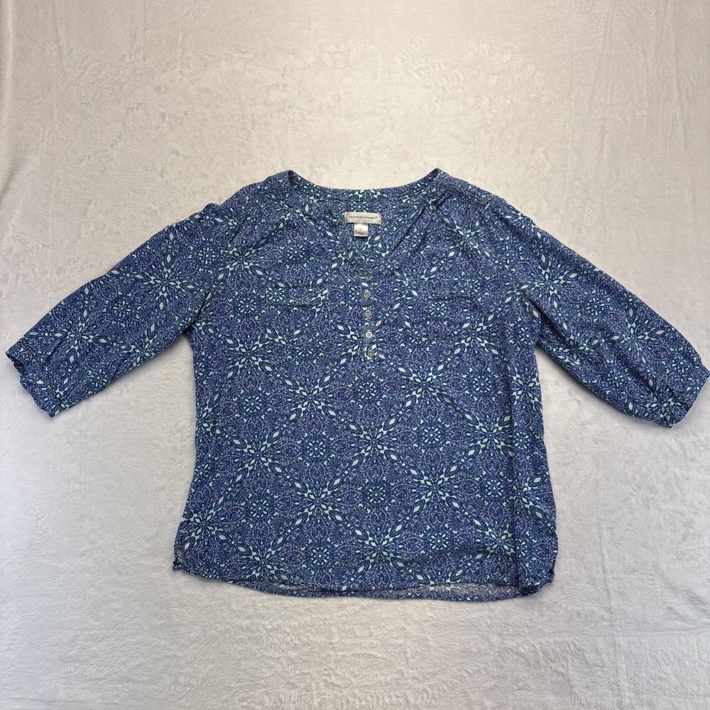 Christopher & Banks Womens Henley Shirt Large Blue Floral Pocket V Neck